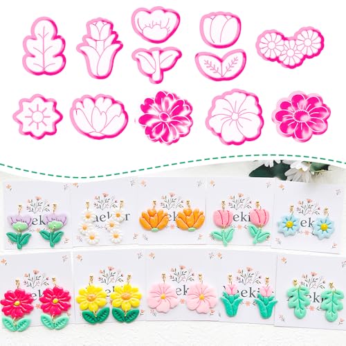 Spring Flower Polymer Clay Cutters Set - 12pcs Tulip, Daisy, Hibiscus, Cherry Blossom, Peony Shapes for DIY Earring Jewelry Making, Soft Clay Crafts, Scrapbooking & Gift Toppers - color: B color