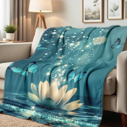 Lotus Flower on Water Print Blanket White Floral Throw Blanket Zen Flannel Throw for Couch Bed Office Yoga Room Meditation Spa Decor Gifts (49"x59") - color: Teal, size: 49"x59"