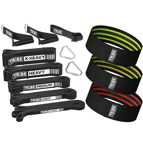 Long Resistance Bands Set of 5 Pull-Up Bands, Rubber Handles, Door Anchor and a Set of 3 Fabric Resistance Bands for Working Out (Black)