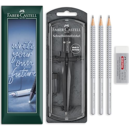 Faber-Castell Geometry & Drawing Set | Quick Set Compass, 3 HB Grip 2001 Graphite Pencils & Dust-Free Eraser Bundle | for Maths, Technical Drawing, Sketching | in Envelope Gift Packaging (Blackstone)