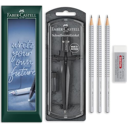 Faber-Castell Geometry & Drawing Set | Quick Set Compass, 3 HB Grip 2001 Graphite Pencils & Dust-Free Eraser Bundle | for Maths, Technical Drawing, Sketching | in Envelope Gift Packaging (Blackstone)