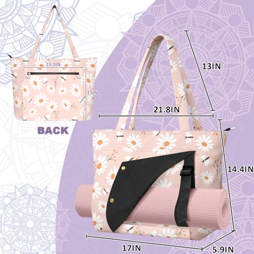 Yoga Bag for Women, Large Canvas Yoga Mat Tote Bag with Yoga Mat Carrier - color: Pink Daisy