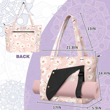 Yoga Bag for Women, Large Canvas Yoga Mat Tote Bag with Yoga Mat Carrier - color: Pink Daisy