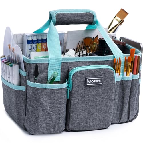 Art Supply Organizer Tote Bag – Craft Caddy with Handle, Utility Storage Tote with Multiple Pockets & Adjustable Divider for Sewing, Scrapbooking, School, Office, Medical Supplies - color: Grey-Teal, size: M-12.5"