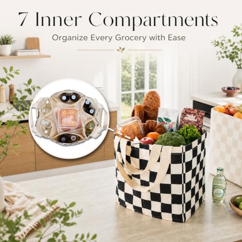Checkered Reusable Grocery Bags, Cute Checkerboard Large Canvas Tote Bag, Reusable Shopping Bags Farmers Market Bag - color: Black and White