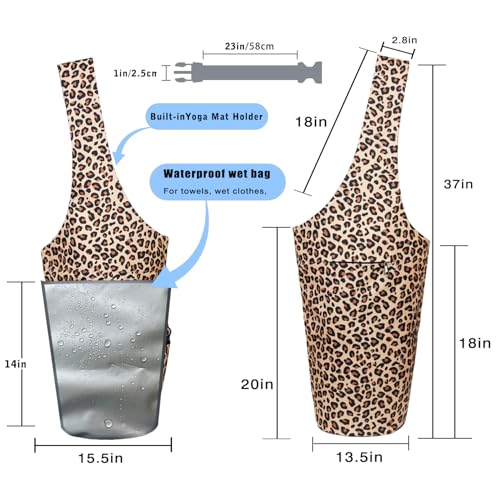 Yoga Mat Bag - Large Opening Long Tote Yoga Mat Carrier Holder Bag with Waterproof Wet Zipper Pocket and Drawstring Water Bottle Pocket - Yoga Bag Fit Most Size Mats - color: Leopard Print