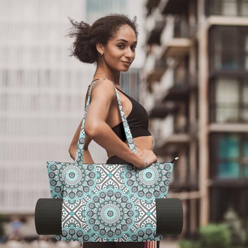 Yoga Bag for Women, Large Canvas Yoga Mat Tote Bag with Yoga Mat Carrier | Large Mat Pocket Fitness Tote for Pilates, Gym, Travel, Office & Beach - color: Light Blue