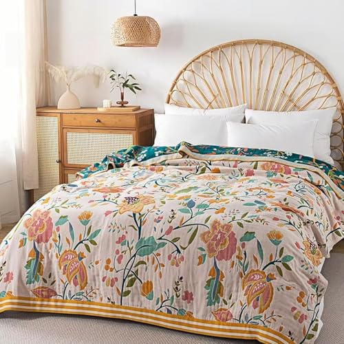 Boho Throw Blanket for Bed 100% Cotton Bohemian Blankets Ultra Soft Woven Muslin Decorative Blankets All Seasons Vintage Quilt Knitted Blanket for Sofa Chair(Yellow, 90"x98") - color: P-1--yellow, size: 90"x98"