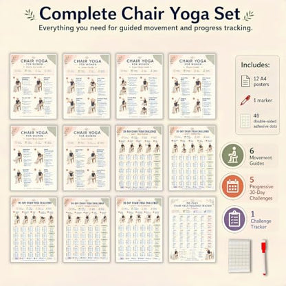 Chair Tai Chi Workout Chart & Yoga Poster for Seniors & Beginners | Set of 6 Illustrated Guides & 6 30-Day Challenges, Laminated Gentle Seated Exercise Charts for Mobility, Balance, Flexibility