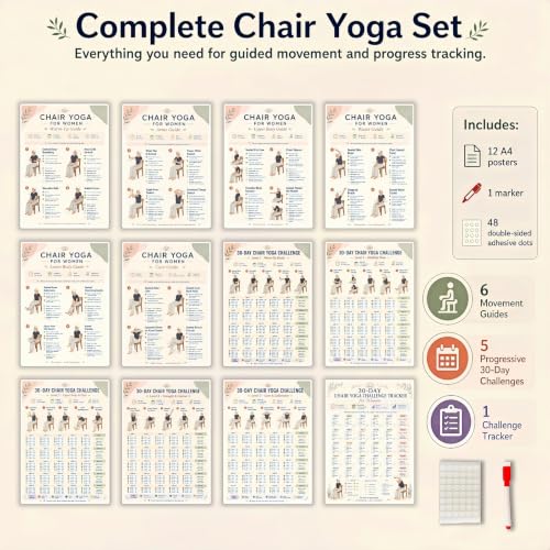 Chair Tai Chi Workout Chart & Yoga Poster for Seniors & Beginners | Set of 6 Illustrated Guides & 6 30-Day Challenges, Laminated Gentle Seated Exercise Charts for Mobility, Balance, Flexibility