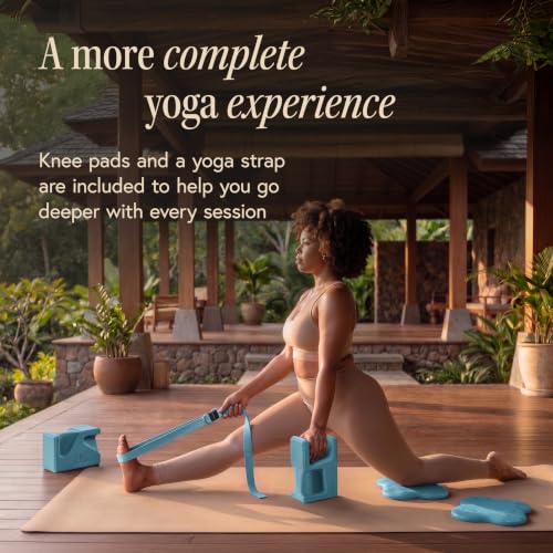 PRO Yoga Blocks | Ergonomic Yoga Block 2 Pack for Wrist Comfort and Support | EVA Foam Exercise Blocks, 2x Knee Pads & Yoga Strap | Pilates Block Set | Bricks to Eliminate Wrist Pain - color: Blue