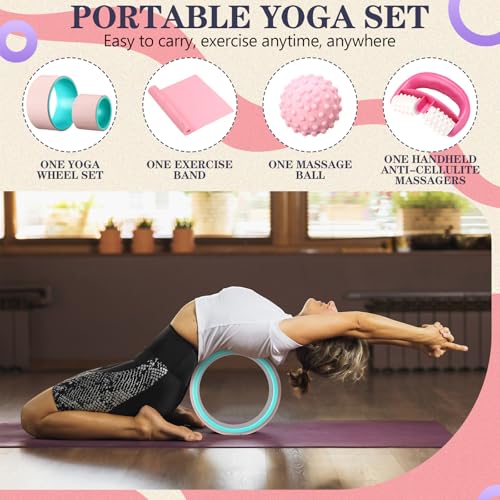 Arrowbash 5-in-1 Pink Yoga Wheel Set Back Stretcher Wheel Deep Tissue Massage Foam Roller Trigger Point Relieve Ball, Resistance Loop Exercise Bands Massage Roller for Deep Tissue Yoga Beginner Gift