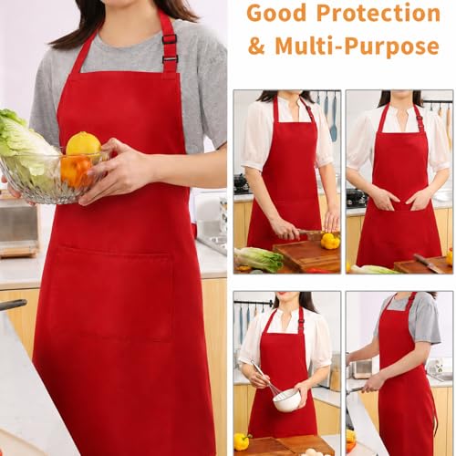 Tosewever Chef Apron Hat Set for Women and Men, Adjustable Bib Apron with 2 Pockets Costume Apron for Father Kitchen Cooking - color: Red