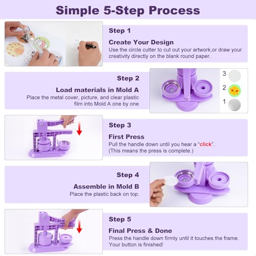 Happizza Button Maker Machine 58mm/2.25in, Pin Maker Machine Kit with 30 Buton Parts, DlY Badge Maker, Purple Button Press Machine, Perfect Beginner Experience Kit, Ideal for School, Parties, Events - color: Purple