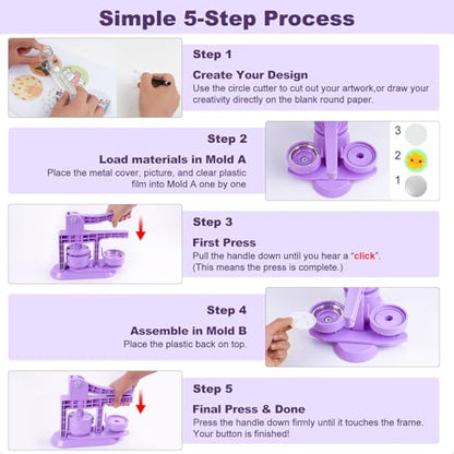 Happizza Button Maker Machine 58mm/2.25in, Pin Maker Machine Kit with 30 Buton Parts, DlY Badge Maker, Purple Button Press Machine, Perfect Beginner Experience Kit, Ideal for School, Parties, Events - color: Purple