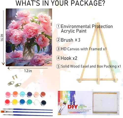 MIRCVSH Flowers Paint by Numbers Kit for Adults Framed,Pink Rose Paint by Number for Adults,Adults' Paint-by-Number Kits on Canvas with Wooden Easel for Home Wall Decor 12X16 Inch - color: DKH169