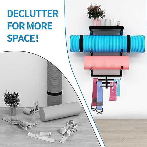 Yoga Mat Holder Wall Mount Storage Shelf Black & Hooks for Resistance Bands | All Metal Sturdy Wall Storage Organizer for Home Gym; 3 Tier for Yoga Mats, 7 Hooks for Bands & Workout Gear; Space Saving