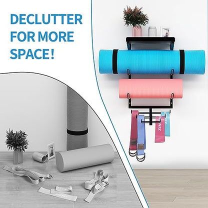 Yoga Mat Holder Wall Mount Storage Shelf Black & Hooks for Resistance Bands | All Metal Sturdy Wall Storage Organizer for Home Gym; 3 Tier for Yoga Mats, 7 Hooks for Bands & Workout Gear; Space Saving