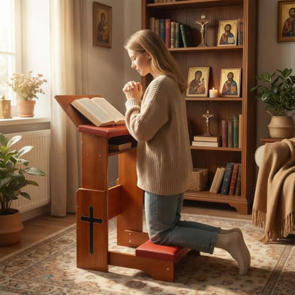 Fanwer Folding Prayer Kneeler Bench, Adjustable Wooden with Bookshelf | Compact kneeling altar for church chapel, home devotion & meditation, portable prayer stool