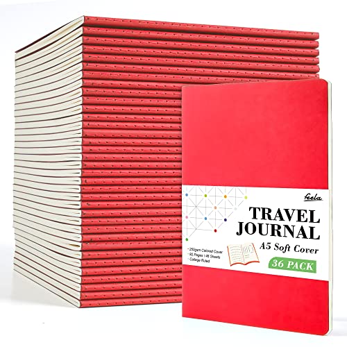 feela 36 Pack Soft Cover Journal Bulk, Lined Blank Travel Journal for Women Men Writing, Notebooks College Ruled for Work, Note Taking Notebook School Business Supplies, 8.2” x 5.5”, A5, Red - color: 36 Red