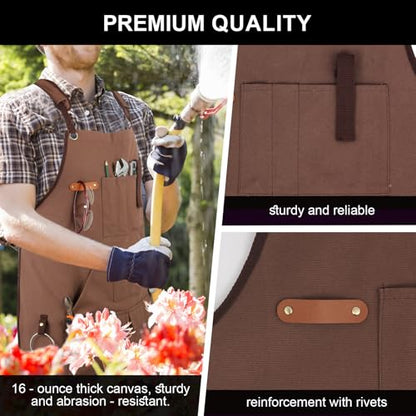 Men's Canvas Tool Apron, Heavy Duty Multi-Pocket Work Apron for Woodworking Gardening Bartender Adjustable Straps - color: Brown