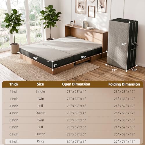 ROXGOX Memory Foam Trifold Mattress, 6 Inch King Foldable Mattress, Portable Floor Bed with Washable Cover, Handle & Non-Slip Bottom, for RV, Travel, Camping, Yoga, 80"x76"x6" - size: King, style: 6 Inch-Grey