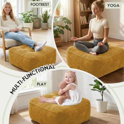 11" Thick Washable Floor Pillow for Adults, Yoga & Meditation Cushion with Handle, Square Large Pillows Seating with Removable Tufted Corduroy Cover for Tatami Living Room Board Games, Yellow