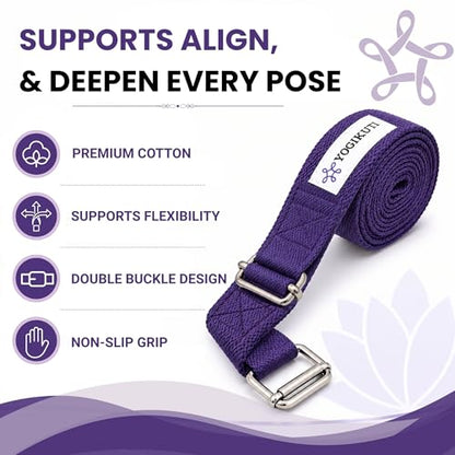 Yogikuti Double Buckle Yoga Strap - Adjustable Stretching Strap for Enhanced Flexibility in Yoga, Pilates, and Physical Therapy, Available in Various Colors and Lengths for All Fitness Levels - color: Purple