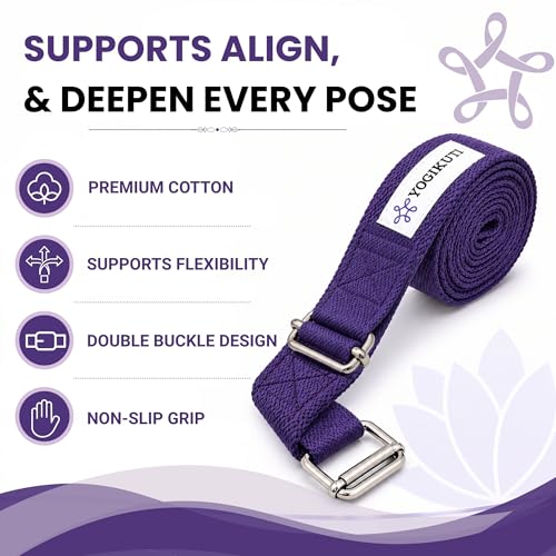 Yogikuti Double Buckle Yoga Strap - Adjustable Stretching Strap for Enhanced Flexibility in Yoga, Pilates, and Physical Therapy, Available in Various Colors and Lengths for All Fitness Levels - color: Purple