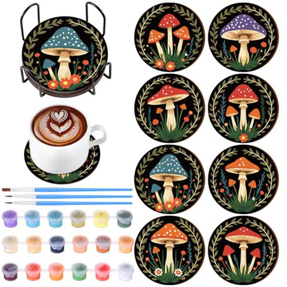 Reallnaive 8 Pcs Mushroom Paint by Numbers Kit for Adults Wooden Coasters | Mini Paint by Numbers, Tiny Black Round Oil Painting Drink Coaster with Holder, for Small DIY Craft Birthday Gift - style: Mushroom