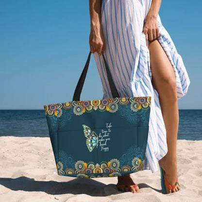 Large Beach Bag for Women Waterproof Foldable Travel Shoulder Tote Bag with Pocket for Weekender Pool Vacation - color: Butterfly Green