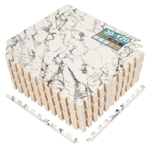 Sorbus Interlocking Wood Grain Foam Floor Tiles (30 Pack, White Marble) | 3/8-inch EVA floor mats with borders suit playrooms, basements and home gyms, plus trade show flooring and dance areas. - color: White Marble, size: 30 Pack