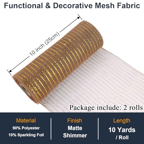 Brown Mesh Ribbon Rolls 10 Inch 10 Yds, Deco Mesh Fabric for Wreaths | (2 Rolls) 30Ft Each, Decorative Foil Mesh for Christmas Tree Ribbon, Door Decor, DIY Crafts, Halloween, Wedding Party Supplie - color: Brown