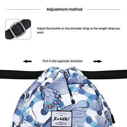 XEYOU Drawstring Backpack Bag Sport Gym Sackpack Beach Cinch Bag | Lightweight Swimming Bag, Water-Resistant Fabric, Travel Daypack for Women and Men - color: Blue Butterfly