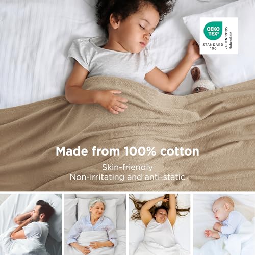 Bedsure GentleSoft 100% Cotton Blanket King Size for Bed - Breathable and Lightweight, Soft Cozy Textured Herringbone Woven Blanket for Summer, Light Brown, 108x90 inches - color: 00 - Light Brown, size: King