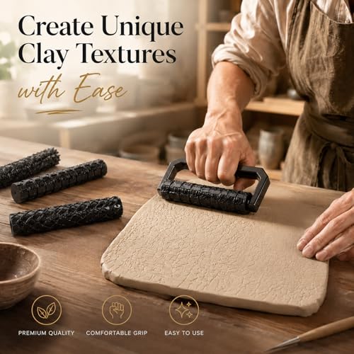 Conderyang 13Pcs 3D Printed Clay Texture Roller Set 12-Pattern Clay Roller with Handle Handheld Pottery Rollers Texture Wheel Polymer Tools for Artists Pottery Creation Ceramic Modeling DIY (Black)
