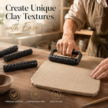 Conderyang 13Pcs 3D Printed Clay Texture Roller Set 12-Pattern Clay Roller with Handle Handheld Pottery Rollers Texture Wheel Polymer Tools for Artists Pottery Creation Ceramic Modeling DIY (Black)