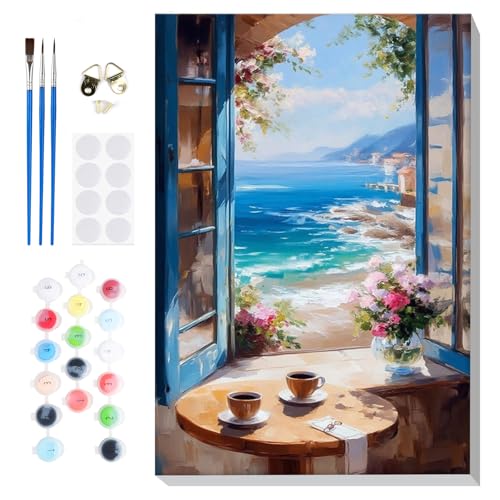 Bowetile Framed Landscape Paint by Numbers Kit for Adults, Adults' Paint-by-Number Kits on Canvas, Painting by Numbers Seaside, Acrylic Number Painting for Home Wall Decor, 8x12in - color: Landscape-cafe