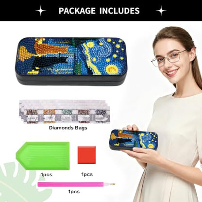 FlyingMage Cat Diamond Art Painting Kit, Hard Shell Eyeglasses Glasses Case | Starry Night DIY 5D Diamond Dots, Small Gem Art Painting Kits, Cute Rhinestone Sunglasses Case for Adults Beginner Women - color: Navy Starry Night Cat