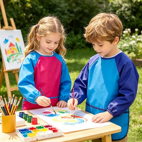 2 Pack Kids Art Smock Waterproof with Long Sleeve and 3 Roomy Pockets Artist Children Aprons for Toddlers Age 3-8 Painting Crafts（Rose Red+Lake Blue） - color: 2 Pack Rose Red+lake Blue