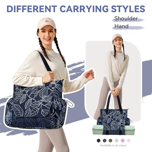 WLLWOO Thick Yoga Mat Bag Women Gym Tote Breathable Mesh Holder Wet Pocket | Carryall Lightweight Waterproof Shoulder for Pilates Travel Beach Workout Fitness Carrier - color: Navy Blue Leaf
