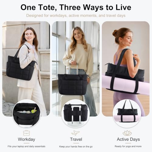 U+U Puffer Tote Bag for Women, Quilted Work Tote with Compartments | Work-to-Travel Design with Yoga Mat Strap - color: Black