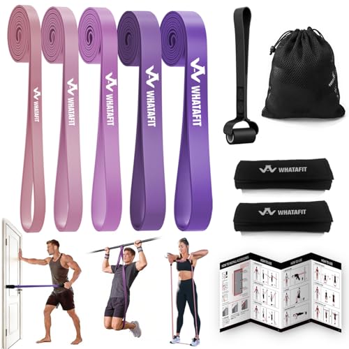 WHATAFIT Resistance Bands, 5 Level Pull Up Assistance Bands for Working Out - color: 2.3-56.7kg(5-125파운드) 핑크 퍼플+그립