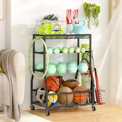 Home Gym Storage Rack, Dumbbell Rack with Yoga Mat Storage, Weight Rack Stand with Lockable Wheels and Hooks, Home Workout Equipment Organizer for Yoga, Dumbbell, Kettlebells, Ball Storage - size: Large