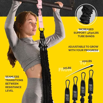 Pull Up Assistance Bands Set with 4 Levels, Adjustable Strap and Foot Rest | 50–200 lb stackable pull-up assistance, nylon-sleeved bands, adjustable support, reduced snap-back risk - color: Pink