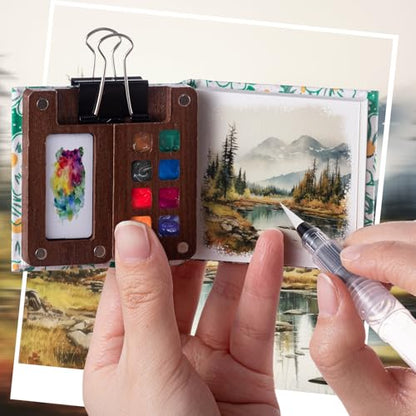 Qilery Mini Portable Watercolor Palette Set Wooden Grid Paint Box Watercolor Paper Sketch Book Brush Pens with Binder Clip for Painters Artist Not Include Paint(Mountain Chrysanthemum) - style: Mountain Chrysanthemum