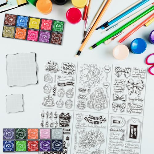 6 Pcs Clear Stamps for Birthday Card Making Supplies 20 Ink Pad | 3 Acrylic Stamp Block, Silicone Stamp with Birthday Word Candle Banner Cake Stamps for Crafting DIY Scrapbooking Journal - style: 29Pcs Celebrate Clear Stamps
