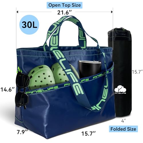 Large Foldable Waterproof Tote Bag, Heavy Duty for Beach & Swim - color: Navy Blue