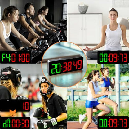 Gym Clock Timer for Tabata/FGB/EMOM Interval Workout | Large LED Display, Digital Wall Clock with Seconds, Remote Control, For Classroom Home Garage Office - color: Green