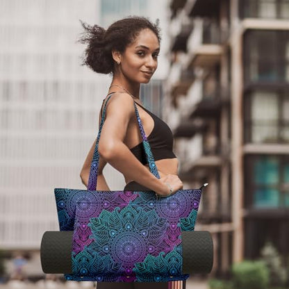 Yoga Bag for Women, Large Canvas Yoga Mat Tote Bag with Yoga Mat Carrier | Large Mat Pocket Fitness Tote for Pilates, Gym, Travel, Office & Beach - color: Black Texture